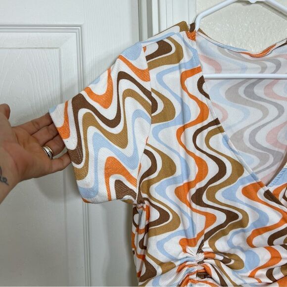 Funky Retro 70’s Top White Blue Brown Orange Geo Stripes Ribbed Short Sleeve XL - Picture 5 of 10